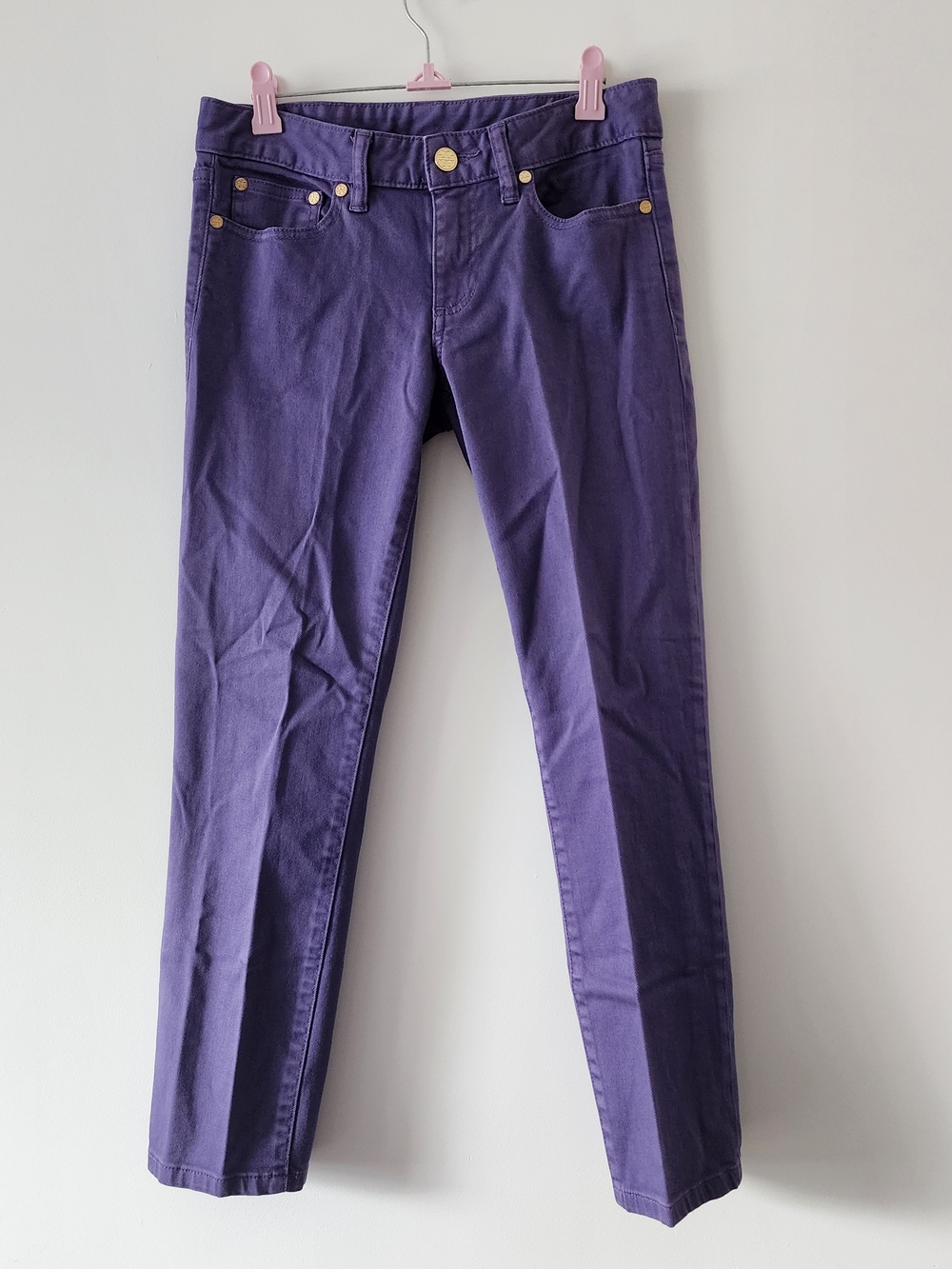 Tory Burch Alexa Cropped Skinny Pants Women Sz 25 Purple Gold Logo Preppy Design